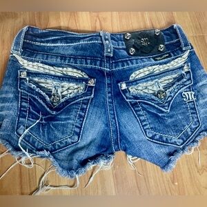 Miss Me Low Rise Cutoff Signature Denim Shorts — Size 26 — Angel Wing Embroidery